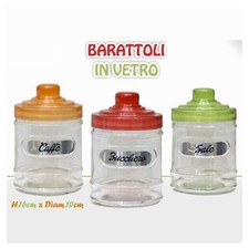 TRIS BARATTOLI 3 CONTENITORI CAFFÈ ZUCCHERO SALE VETRO TAPPO COLORATO
