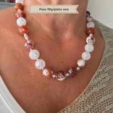 Collana donna pietre dure naturali:agata di fuoco corallo,crystal quarzo cracked