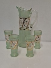 4 Bicchieri E Caraffa Vetro Cristallo Colorato Rifiniture Oro Vintage 