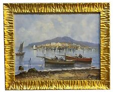 Dipinto olio su compensato Marina con pescatori con cornice oro Misura cm. 40x50