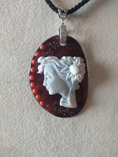 Ciondolo Cammeo sardonico viso femminile vintage in argento 925 fatto a mano 