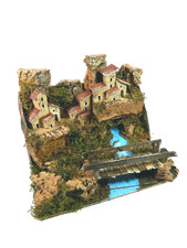 Paesaggio Artigianale con Case Ponte e Fiume Cm 20x25x18h - Scenografia Presepe