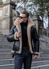 Giacca uomo NERA vera pelle di pecora RAF B3 bomber pilota giacca cappotto pelliccia marrone