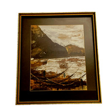 Paesaggio marino paesaggio pescatori barche incorniciato e smaltato dipinto firmato