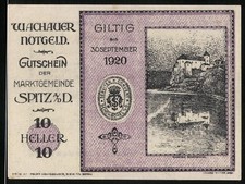 Moneta di emergenza Spitz a. D., 1920, 10 Heller, buono del comune di mercato, Wachau, valido 