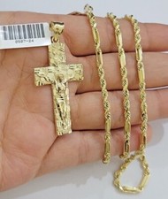Collana con ciondolo croce pepita catena corda Milano oro 10 kt 18-24 pollici.