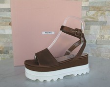 Miu Eu 40 Plateau Sandaletti Wedges Scarpe Raso Braun Nuovo Origin.