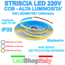 Striscia LED 220V COB 12W/m 5m 10m 15m 20m Luce Bianca SUPER LUMINOSA Adesiva