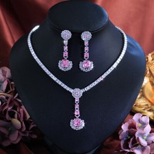 Elegante rosa quadrato tennis pendente goccia collana orecchini zirconi set gioielli matrimonio