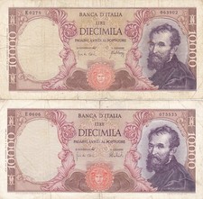 LOTTO 2 BANCONOTE REPUBBLICA LIRE 10.000 MICHELANGELO 20-05-1966 E 27-11-1973 BB