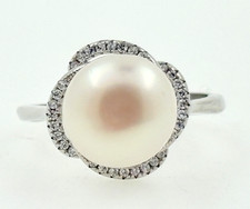 Perla Bianca E Zircone Argento 925 Oro Rosa Anello Regolabile Misura UK M-US