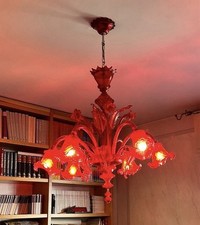 Lampadario rosso in vetro di Murano a 6 luci