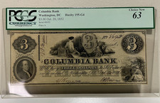Banconota da 3 dollari 20 ottobre 1852 della Columbia Bank Washington DC classificata PCGS a scelta nuova 63