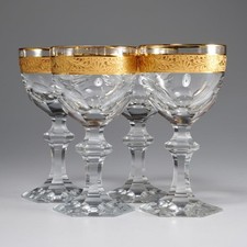 Antique Gold Encrusted Heavy Hexagonal Foot Cut Crystal Wine Glasses 4pc 6.25" B