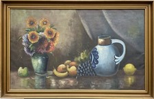 Quadro a Olio Natura Morta Crisantema Vaso Brocca per Vino Uva Limone Banana