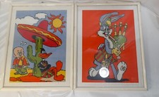 Due quadri fumetti all’uncinetto Bugs Bunny e Daffy Duck 32 x 42 cm, in buone co