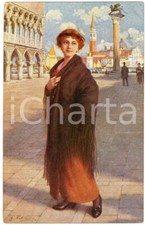 1916 Artista G. CALDERINI (?) VENEZIA - Donna a San Marco - Cartolina (1)