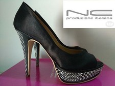 Nicola Conca Decoltè Elegante Donna Nero Raso e Pelle MADE IN ITALY N°35 NUOVO