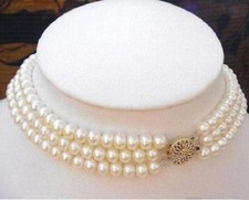 Collana girocollo moda 3 righe 7-8 mm perle coltivate bianche naturali Akoya 16-18"