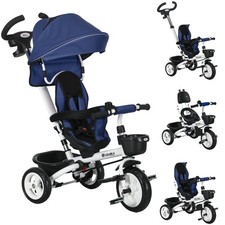 HOMCOM Triciclo Passeggino per Bambini con Maniglione e Tettuccio Regolabile Blu