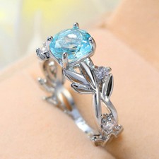 Fantastico Anello Donna Argento Gemme Topazio Blu Cielo Taglio Tondo Disegno Fiore Misura 6-10