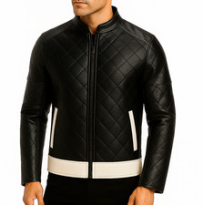 Cappotto uomo vera pelle trapuntato stile moto zip biker giacca capospalla