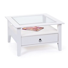 Tavolino in Vetro da Caffe 75x75 Bianco Tavolo Legno Divano Soggiorno Quadrato