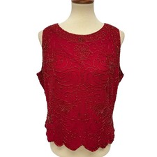 Top vintage Leslie Fay serate donna rosso perline senza maniche festa formale taglia XXL