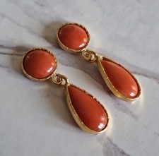 Antichi Orecchini A Goccia  Vero Corallo Arancione  Bottoni  Argento 925 Oro