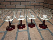 Mid Century 4 Set Luminarc France  Wine Glass Ruby Red Stem Hexagonal Base  5"H
