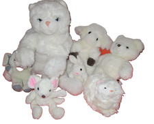 7 pupazzi GRANDI, peluche, gatti, coniglietti, topo, orso, capra, SOLO colore BIANCO