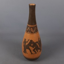 Vaso Greco Terracotta Con Antica Lotta Figure Nere Mitologiche Vintage XX Sec.