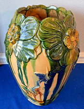 Vaso portaombrelli vintage MAIOLICA ART NOUVEAU farfalla ibisco 12,5 ceramica