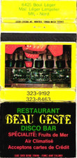 Montreal Canada Restaurant Beau Geste Disco Bar Copertina fiammiferi vintage