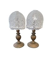 Coppia di lumi da appoggio in legno e tela lavorata a mano