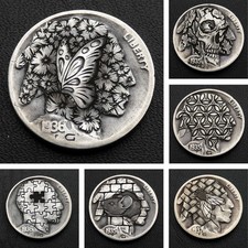 set 6 monete bufalo originali hobo nichel incise a mano geometriche teschio floreale