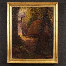 Dipinto impressionista quadro italiano firmato E. Morteo paesaggio figure 900