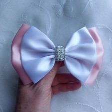 Cappuccio passeggino seggiolino auto fiocco raso rosa bianco perla spilla pannolino 14 cm