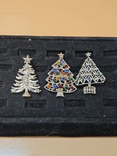 Vintage Eisenberg Ice Albero di Natale Lotto di (3) Spille con Strass Alto 2"