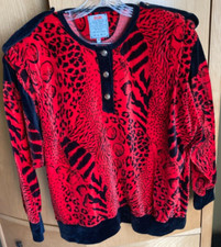 VINTAGE DISAN PARIS NEW YORK RED BLACK VELOUR ANIMAL PRINT TOP BLOUSE SZ M 