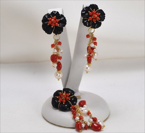 Parure oro fiori onice - 18, kt