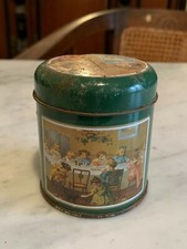 scatola di latta stile liberty verde con decorazioni di bambini in abiti d'epoca
