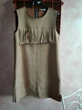 Abito donna autunno camoscio pelle eco  tunica corto beige frange 