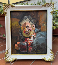 ANTICO DIPINTO OLIO SU TELA FIRMATO - UOMO ANZIANO UBRIACO - BICCHIERE DI VINO