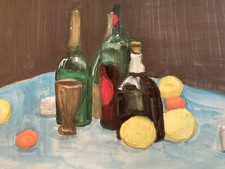 Bella Pittura 1970 Gouache Carta Post Cubismo Natura Morta Bottiglia Limone