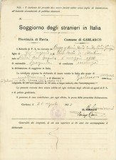 Soggiorno Stranieri in Italia 1923 Garlasco Comune Documento Permesso Pavia