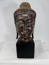 Testa di Buddha tailandese su base in legno decorazione artistica alta 13"