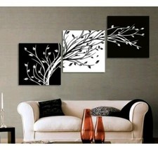 QUADRI MODERNI ASTRATTI DIPINTI A MANO SU TELA, BIANCO/NERO, TRIS, m 1,20