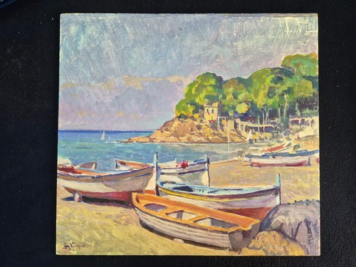 Dipinto olio tavola barche - su,