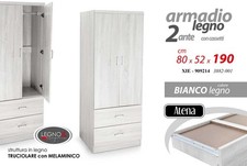 ARMADIO MODERNO BIANCO LEGNO 2 ANTE 2 CASSETTI CAMERA LETTO UFFICIO 190*80*52 cm
